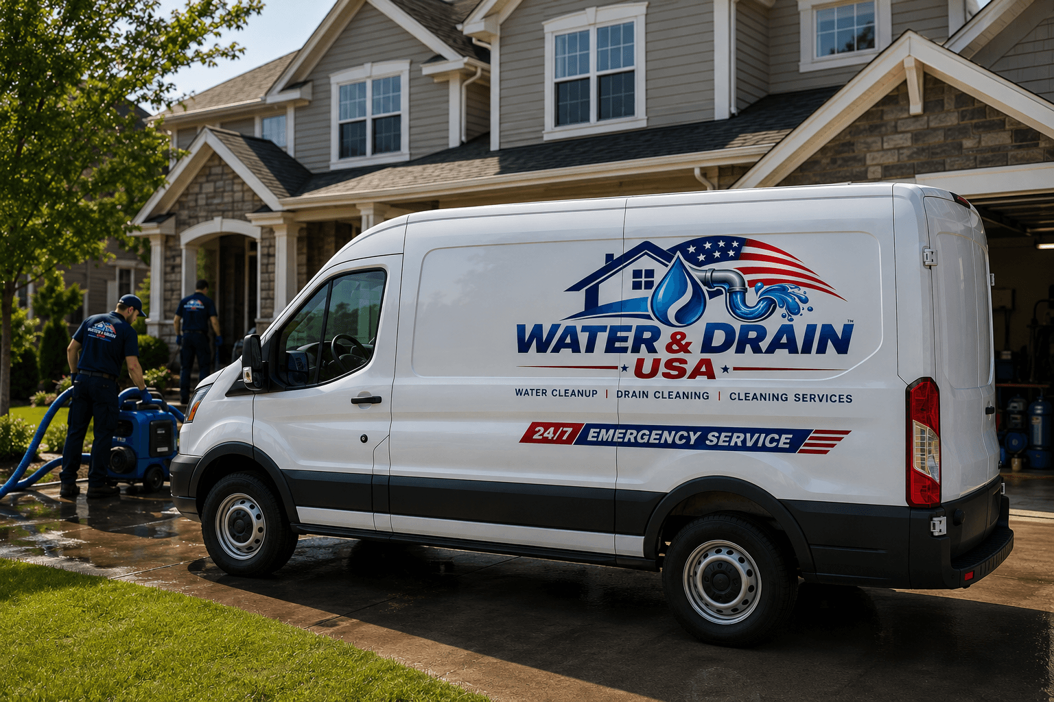 Water & Drain USA service van in a residential driveway with technicians running extraction equipment